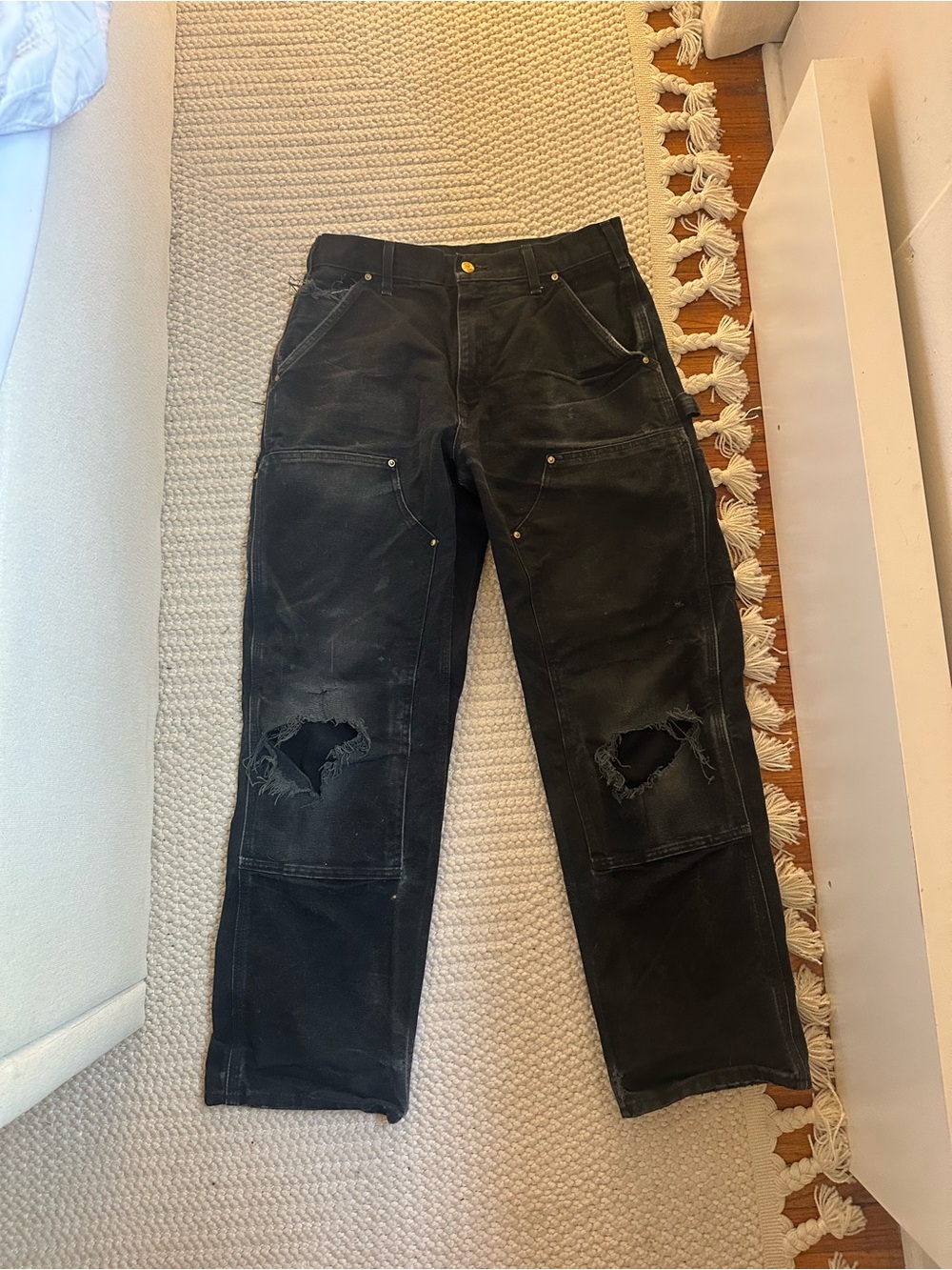 Carhartt Black Cargo Carpenter Pants with Distressed Knees